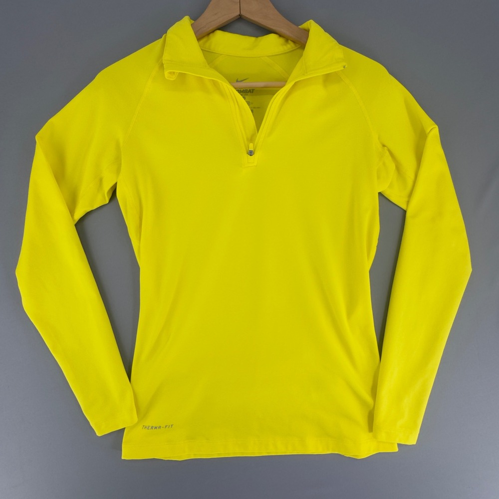 Nike Pro Combat Therma-FIT Women Neon Yellow Quarter Zip Pullover 380998-700 M